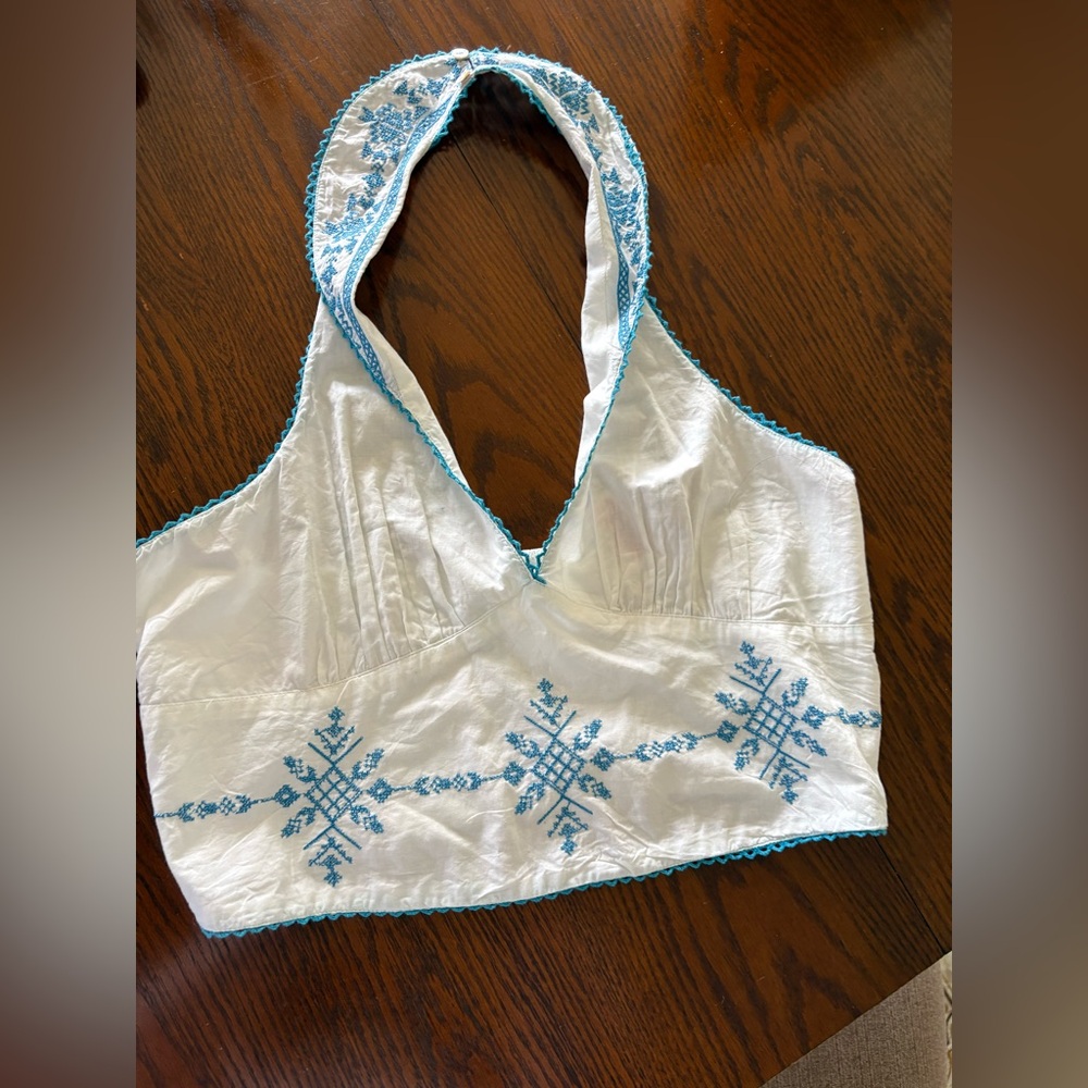 Free People White Halter Crop Top with Teal Embroidery